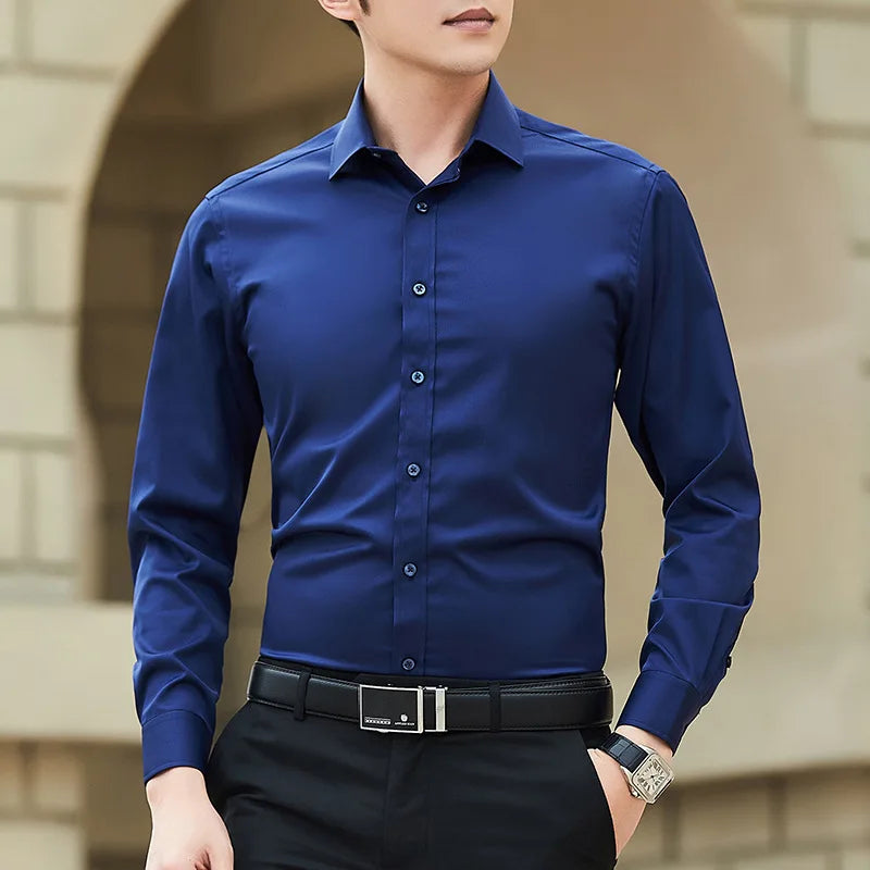 New Plus Size Men Solid Color Business Shirt Fashion Classic Basic Casual Slim White Long Sleeve Shirt Brand Clothes Quick Pick Grocers